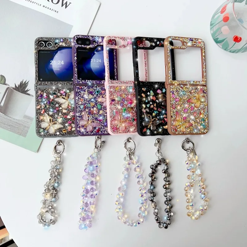 

Unique Elegant Crystal Stone Lanyard Butterfly Pattern Case For Samsung Galaxy Z Flip 7 6 5 4 3 Camera Shockproof Non-Slip Cover