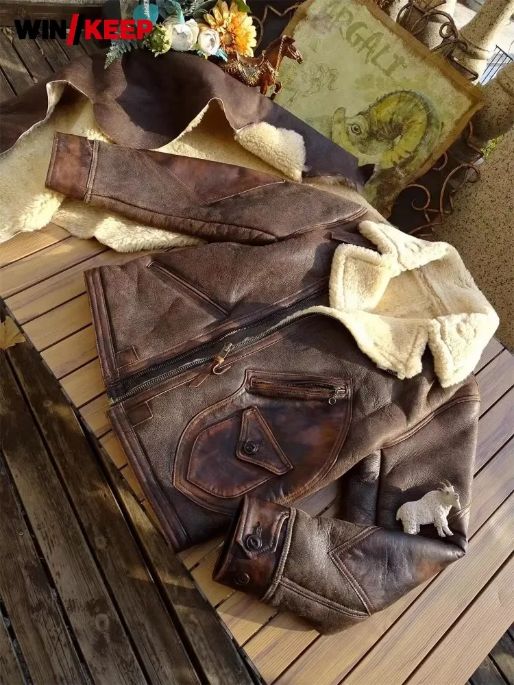 Casual Classic Vintage Mens Real Fur Motorcycle Jacket Turndown Collar Zipper Thicken Warm Genuine Leather Shearling Coat Male