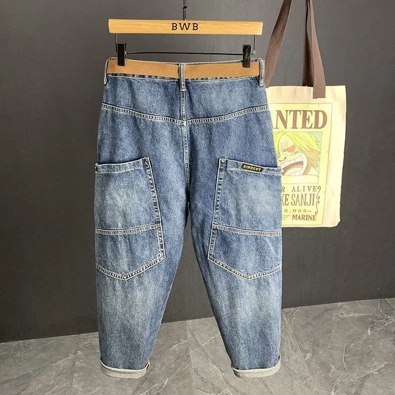 Spring Autumn Loose Blue Jeans for Men Designer Hip-hop Streetwear Straight-leg Casual Workwear Pants Washed Baggy Trousers Men
