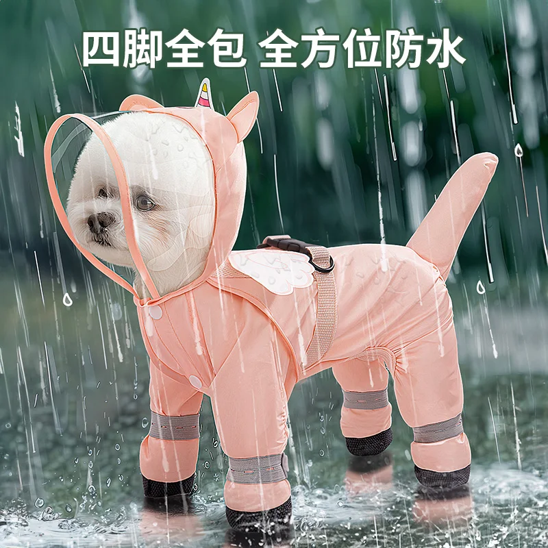 Dog raincoat, all-inclusive with four feet, tractable waterproof dog walking artifact, pet Bi Xiong special unicorn-shaped