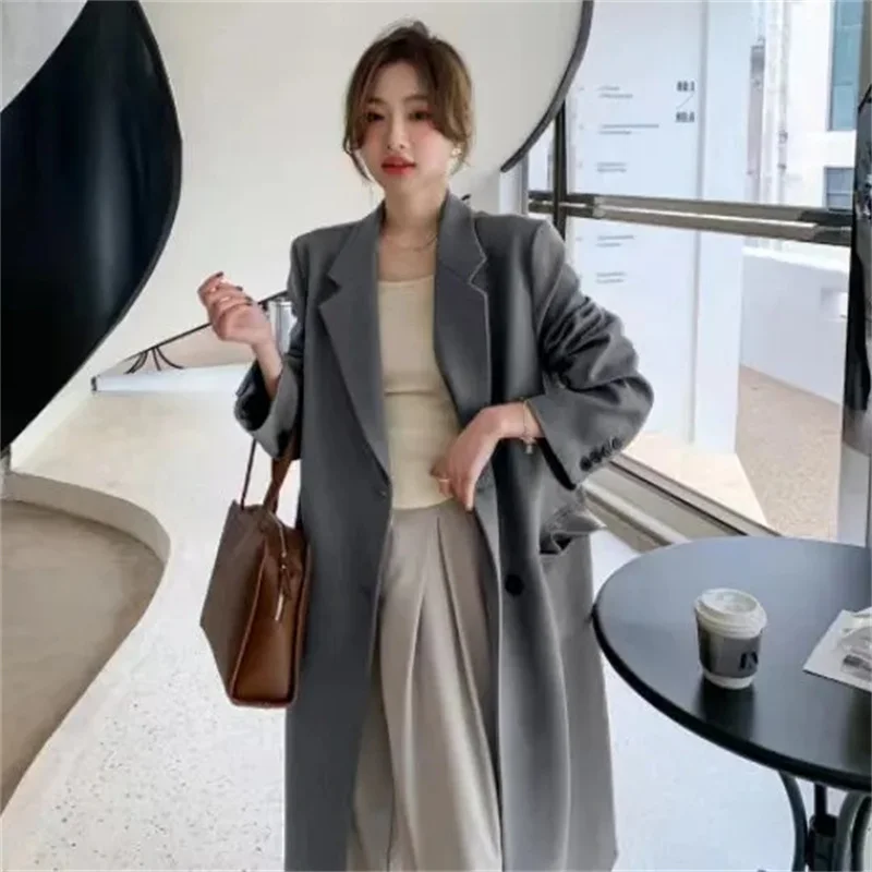 2023 Autumn/Winter Korean Fashion Versatile Long Suit Coat Women's Casual Suit Loose Slim Temperament Over Knee Windbreaker Coat