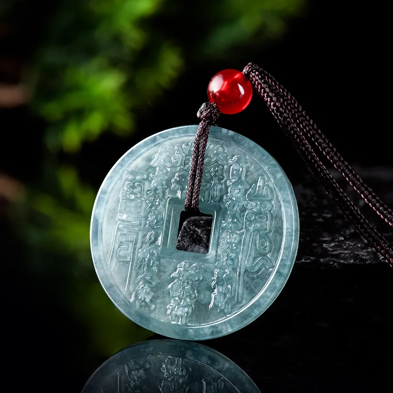 

Elegant Blue Water Jade Pendant - Vintage Lucky Charm "Shan Gui Hua Qian" Coin Necklace