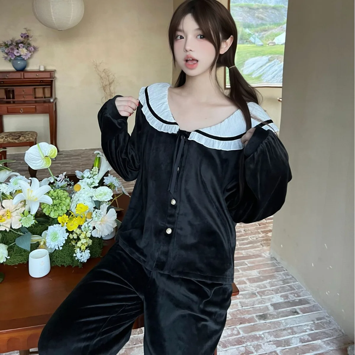 Autumn Winter Pajamas Thhicken Island Velvet Sleepwear Loungewear Sweet French Long Sleeved Shirt Trouser Suits Homewear