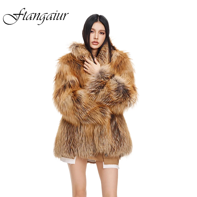 

Женское зимнее пальто из натурального меха лисы Ftangaiur, импорт из Финляндии, с длинными рукавами, отложным воротником, средней длины
