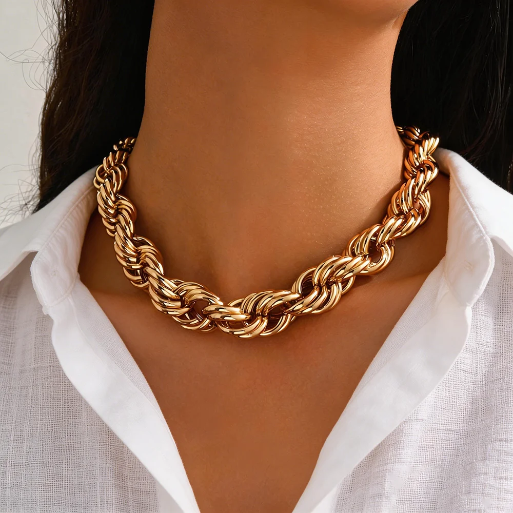 Thick Gold Cuban Chain Twisted Braided Choker Necklace Bold Statement Clavicle Jewelry Fashion Gift for Women