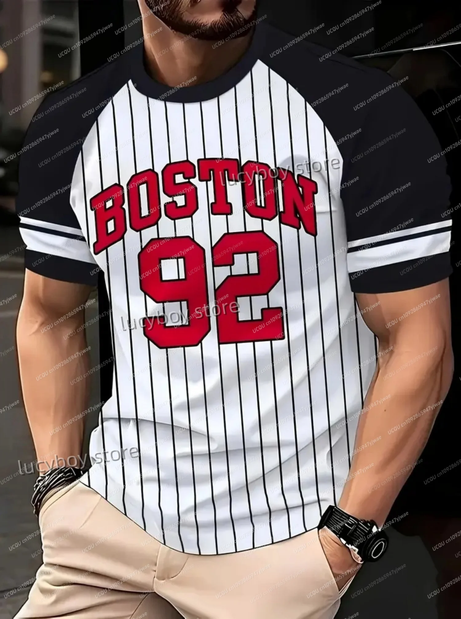 

2025 Men Polyester Boston 92 Print T-Shirt O-Neck Short Sleeves Plus Size T-Shirt Vintage Lightweight Jersey Tees Men Clothing