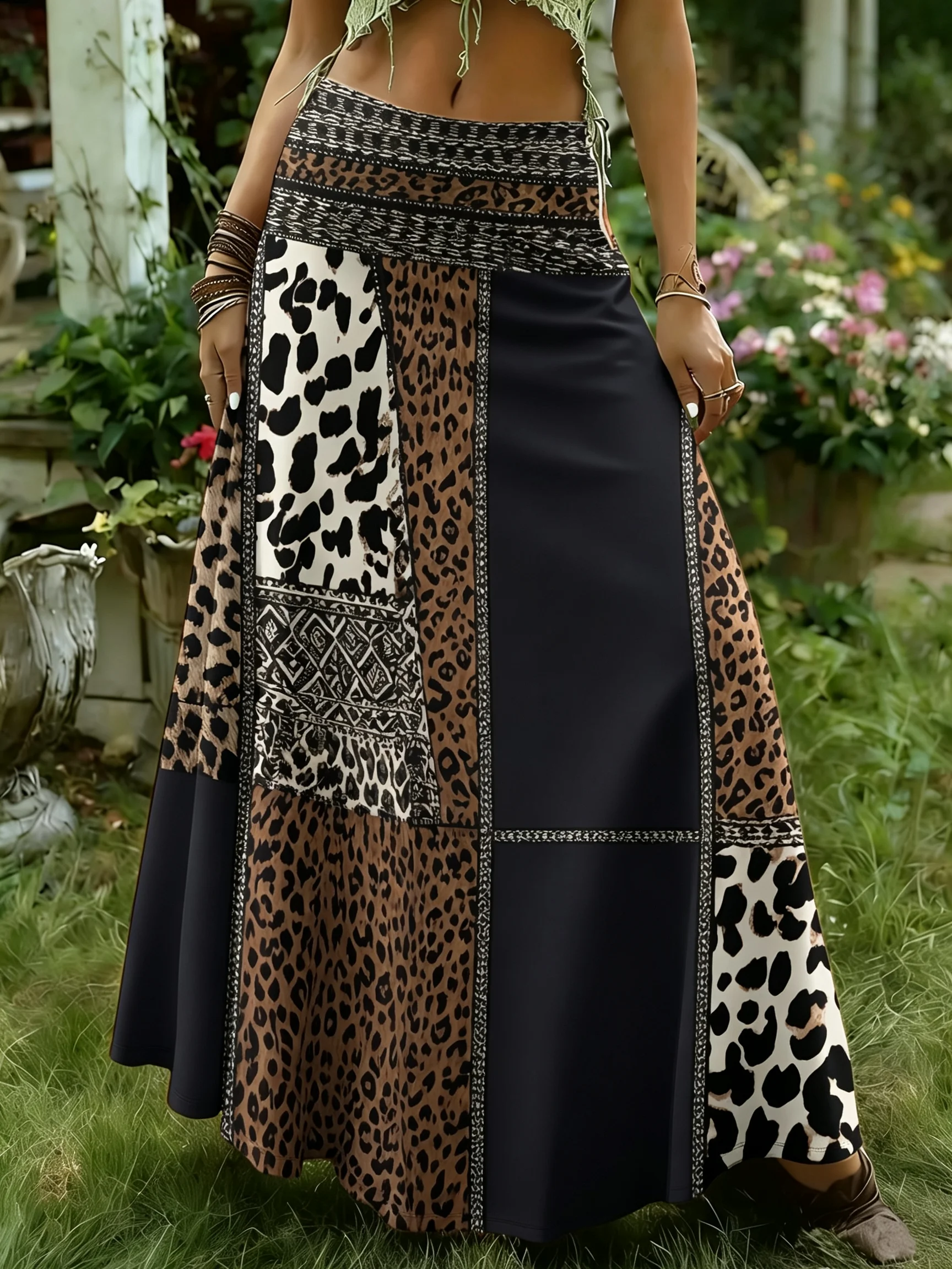Not Textured Women's Plus Size Elegant Bohemian Style Simple Sunflower and Bee Pattern Printed Skirt