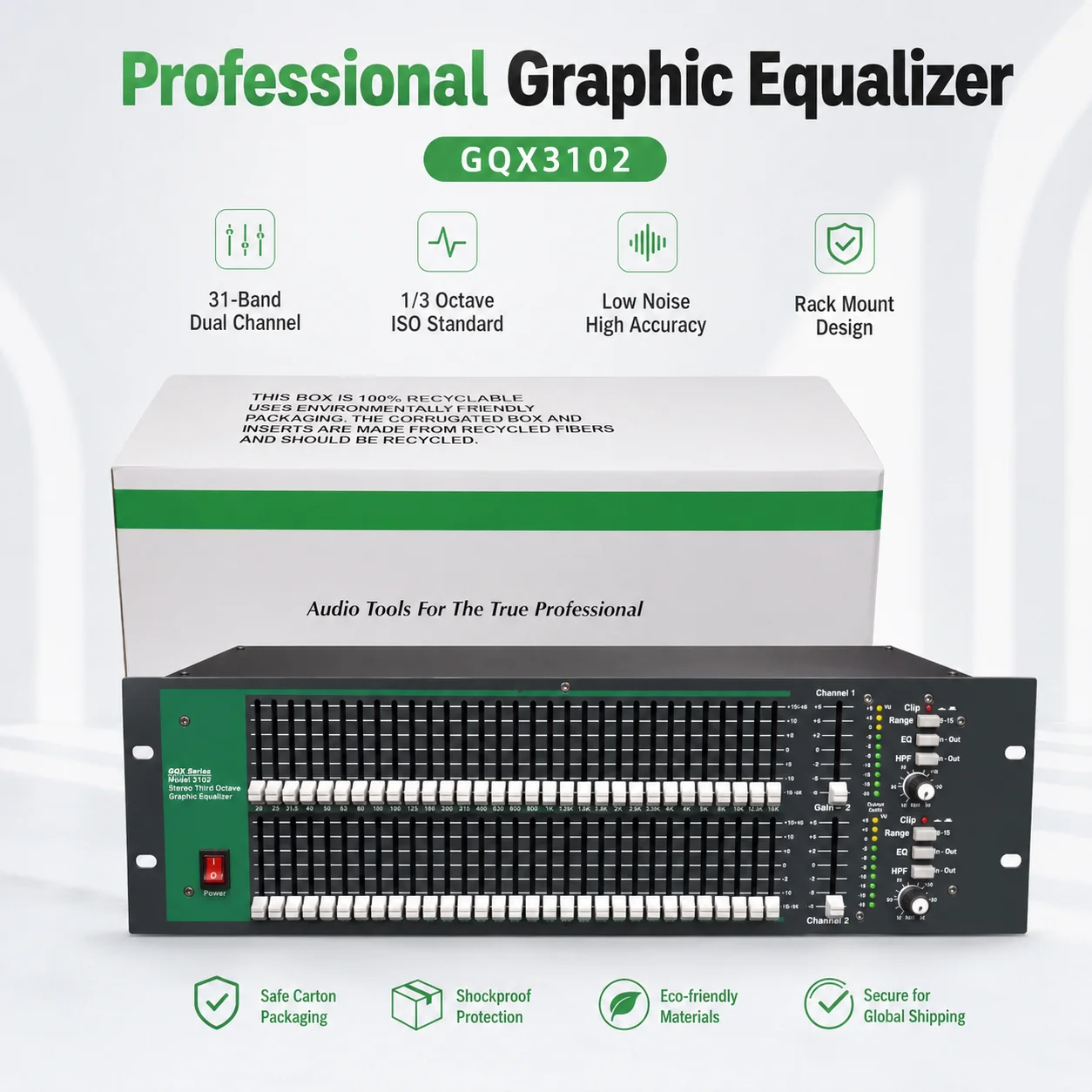 GQX3102 Dual 31 Band Graphic Equalizer Professional Audio EQ Processor for KTV Stage Conference Studio Sound System
