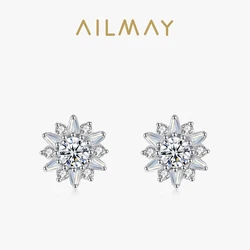 Ailmay 100% 925 Sterling Silver Sun flower Fashionc Stud Earrings For Women Classic Luxury Wedding Accessories Jewelry GIFT