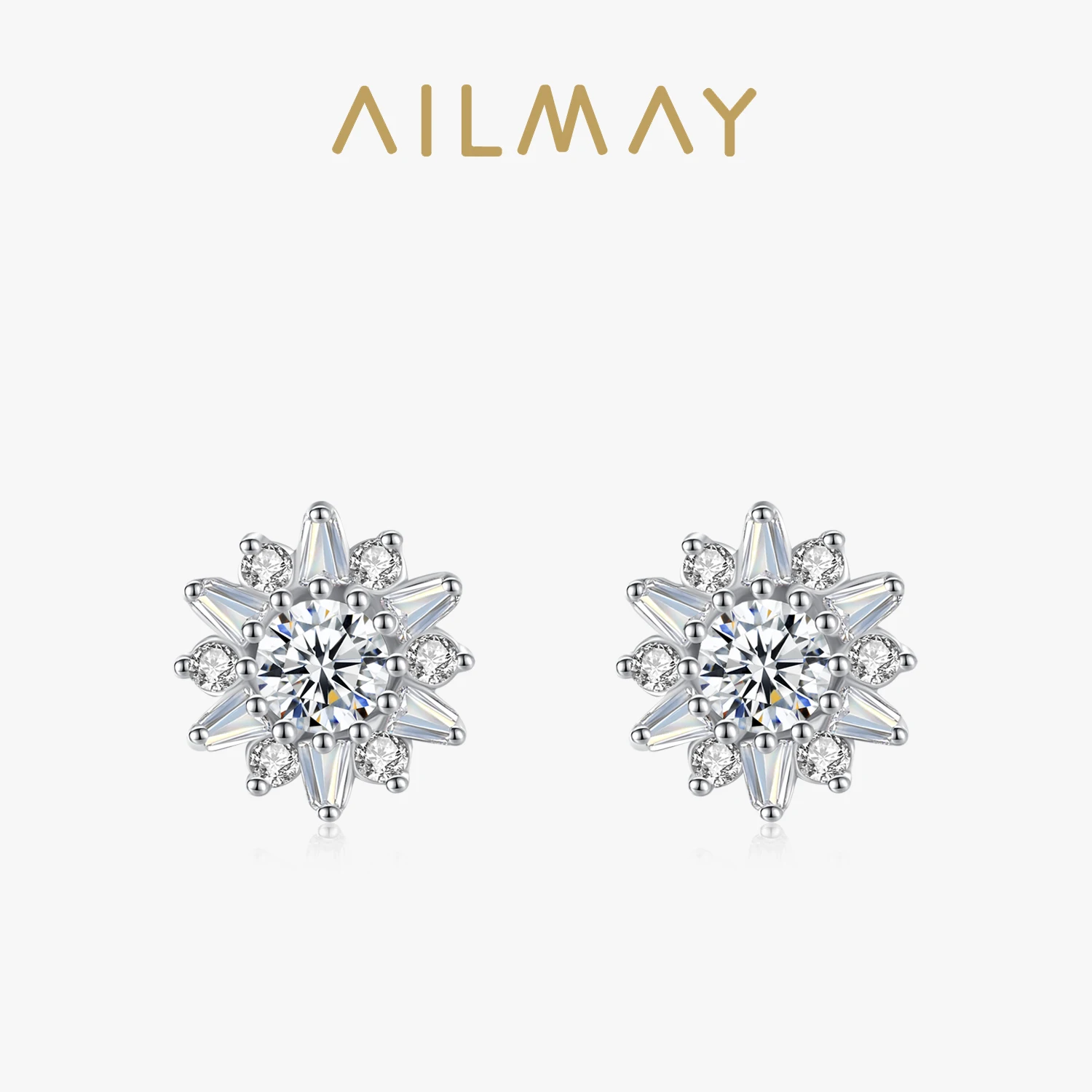 Ailmay 100% 925 Sterling Silver Sun flower Fashionc Stud Earrings For Women Classic Luxury Wedding Accessories Jewelry GIFT