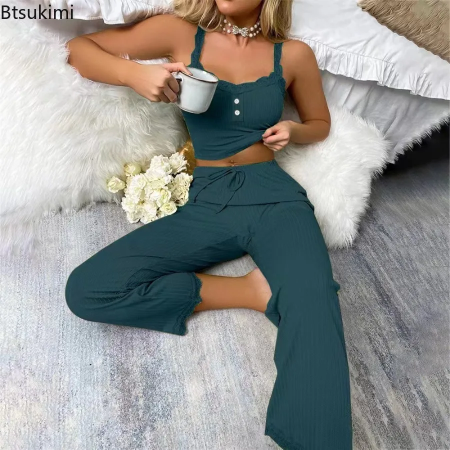 2025 Women's Sexy Pajamas Set Summer Ribbed Sleeveless Top Long Pants Sleepwear 2 Piece Set for Women Home Casual Suspender Suit