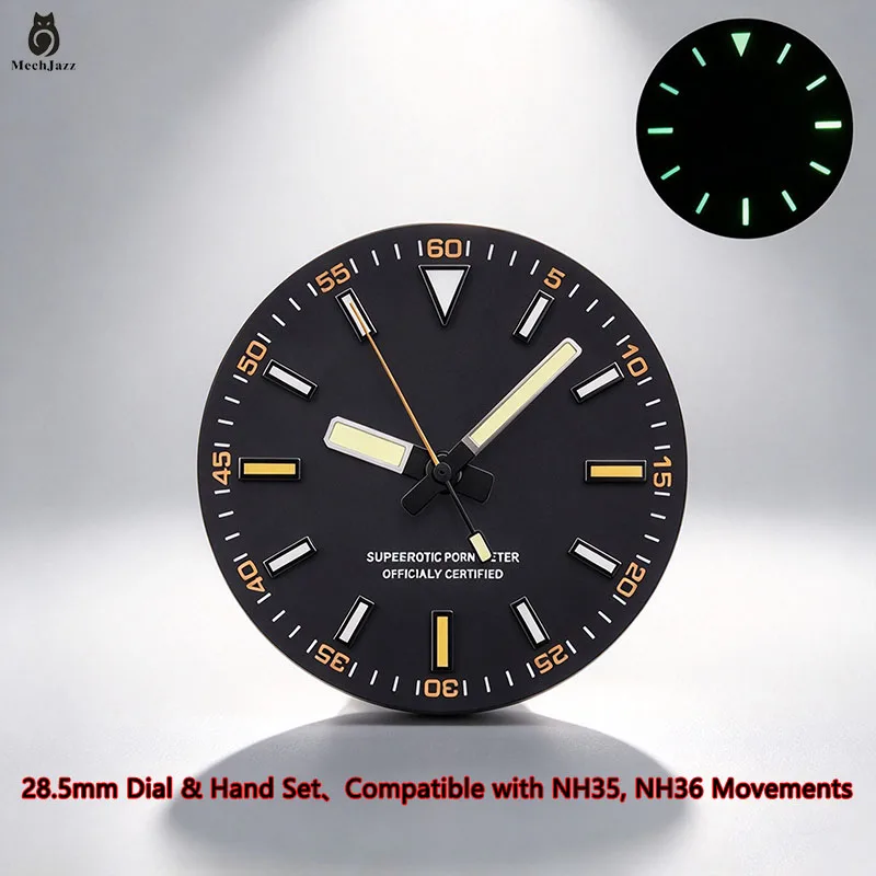MechJazz 28.5mm GMT Dial with Hands Set Green Luminous Watch Dial Fit NH35 NH36 Movement Watch Modification Accessories