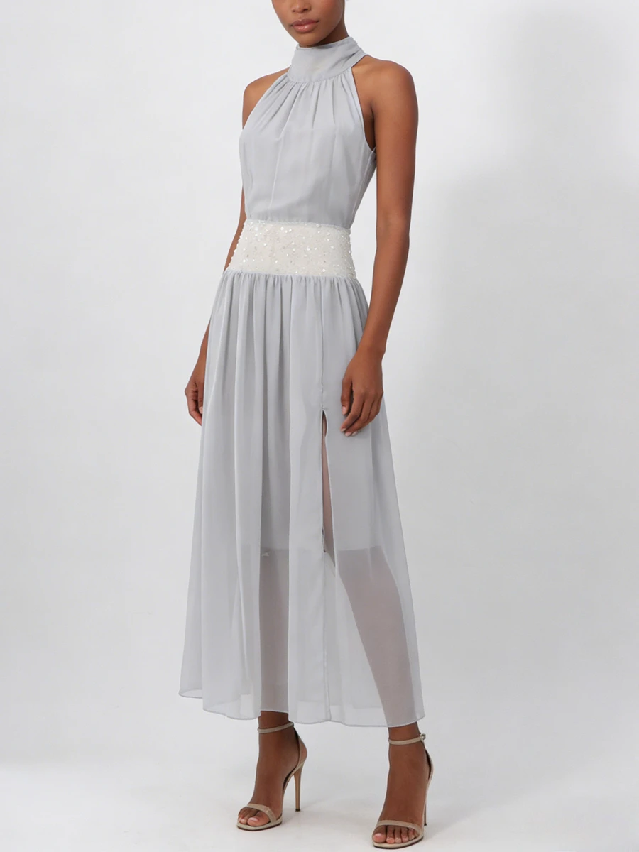 VGH Gray Loose Spliced Sequins Dresses for Women Halter Sleeveless Elegant Intellectual Dress Female Summer Fashion Style New