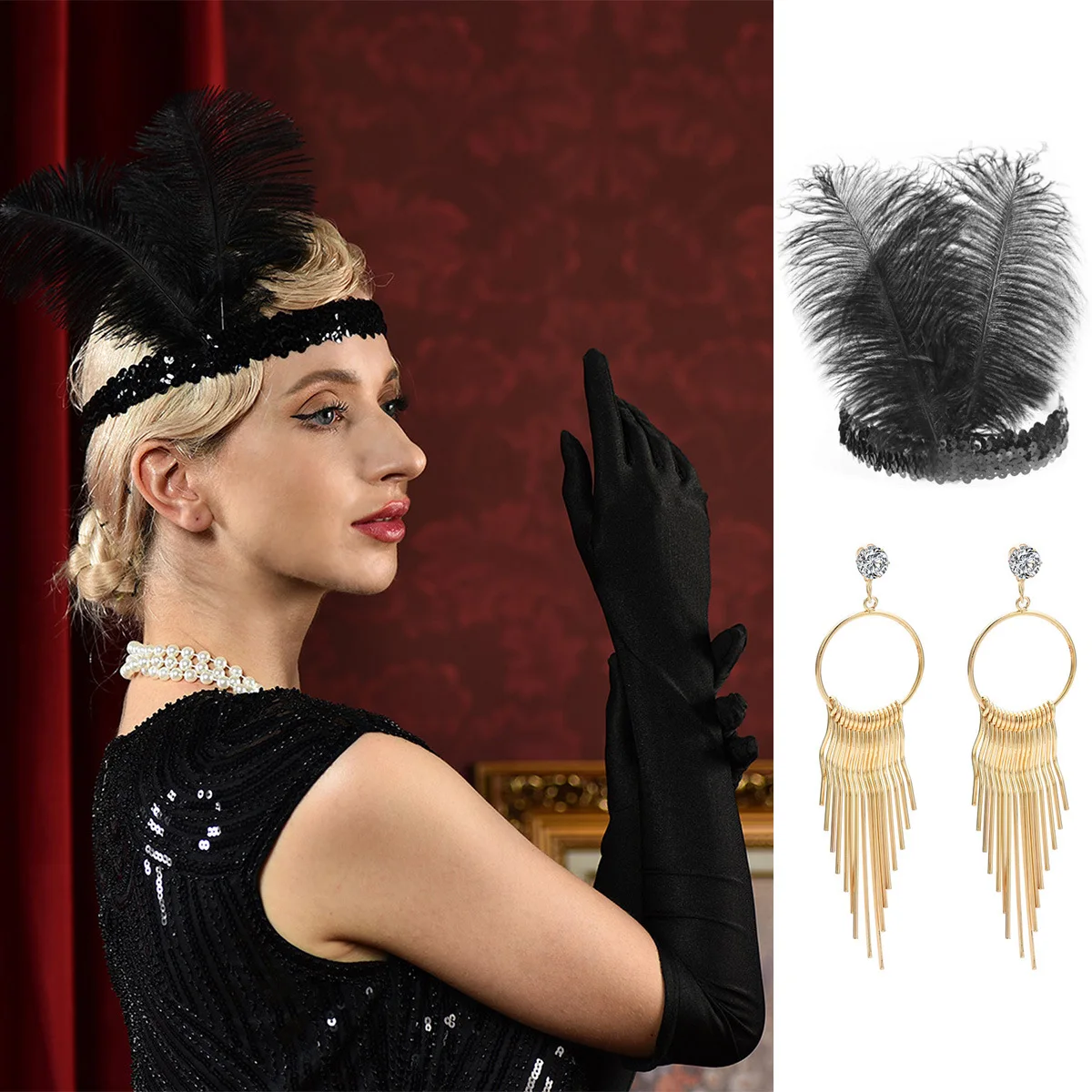 

2pcs Women's Great Gatsby Single Party Feather Hair Accessories Earrings Makeup Ball Dinner Party Performance Hair Accessories