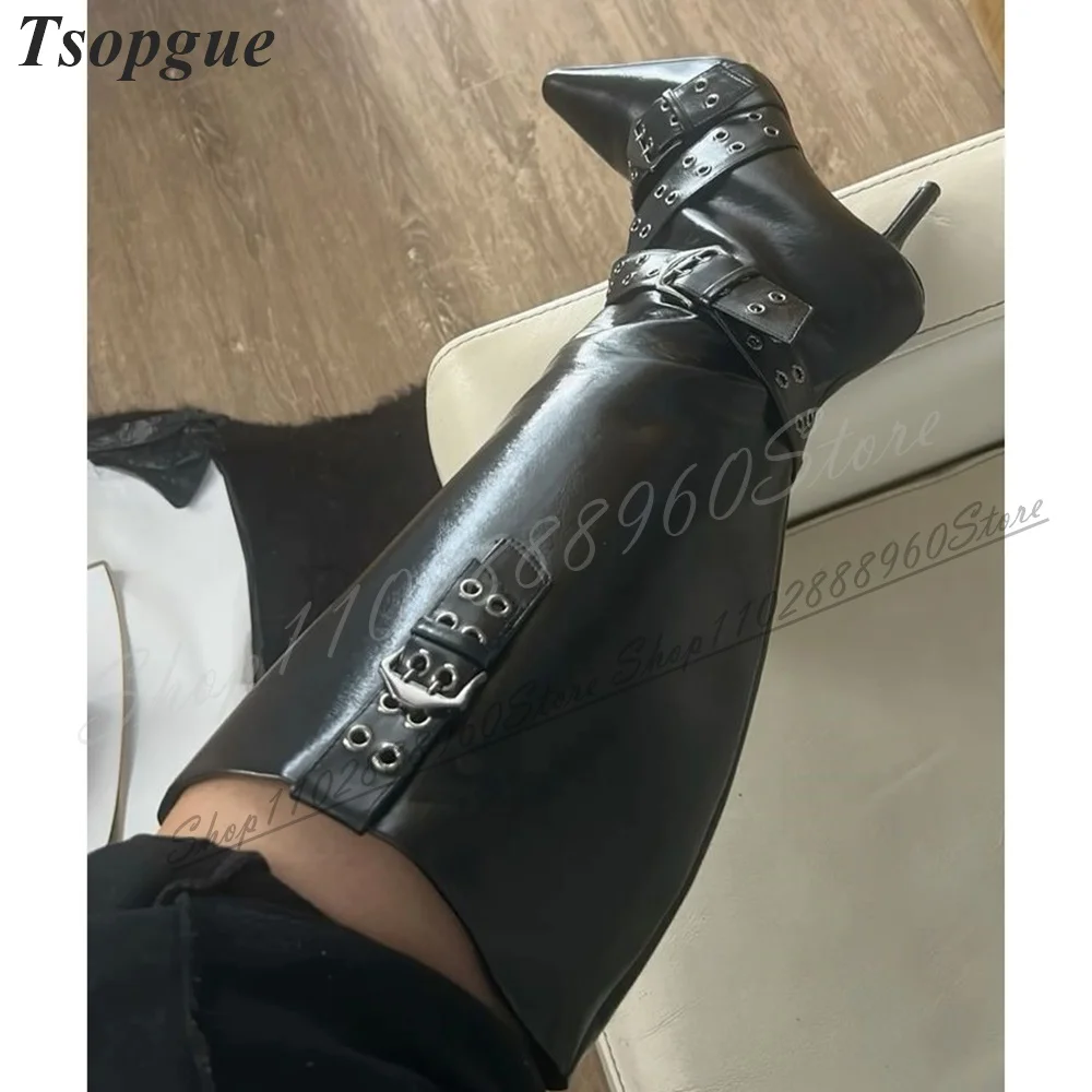 

Trendy Knee High Black Buckle Strap Knight Boots Thin High Heel Women Shoes Side Zipper Pointed Toe 2024 Zapatos Para Mujere