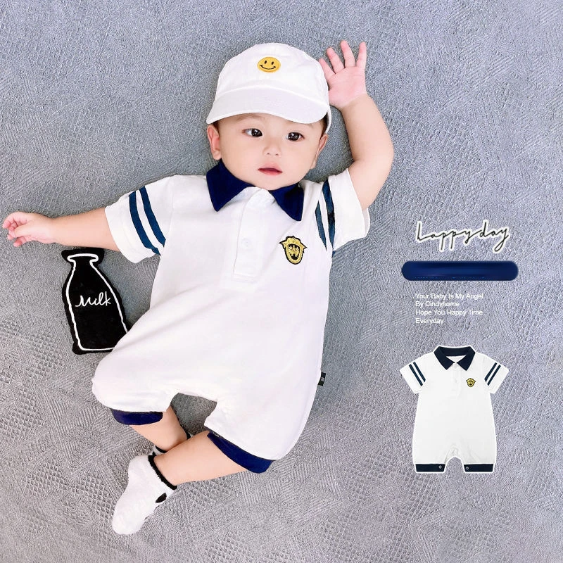 Cotton Newborn Baby Boy Short Sleeve Polo Shirt Jumpsuit Romper Overall Handsome Gentleman Clothes 0-18Months