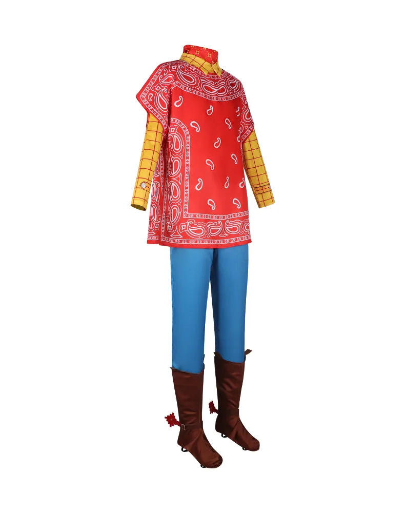 Sheriff Woody Cowboy Cosplay Costume with Red Bandana Paisley Poncho Yellow Plaid Shirt Pants Brown Boot Covers Full Set for Adu view 2