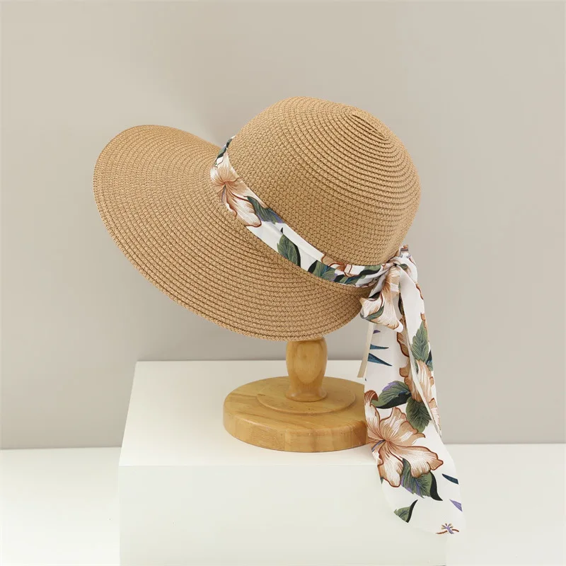 USPOP Tow-pieces Set Straw Hat and Bag Wide Brim Sun Hats with  Sweet Chiffon Flower Print Ribbon Bow Large Capacity Straw Bag