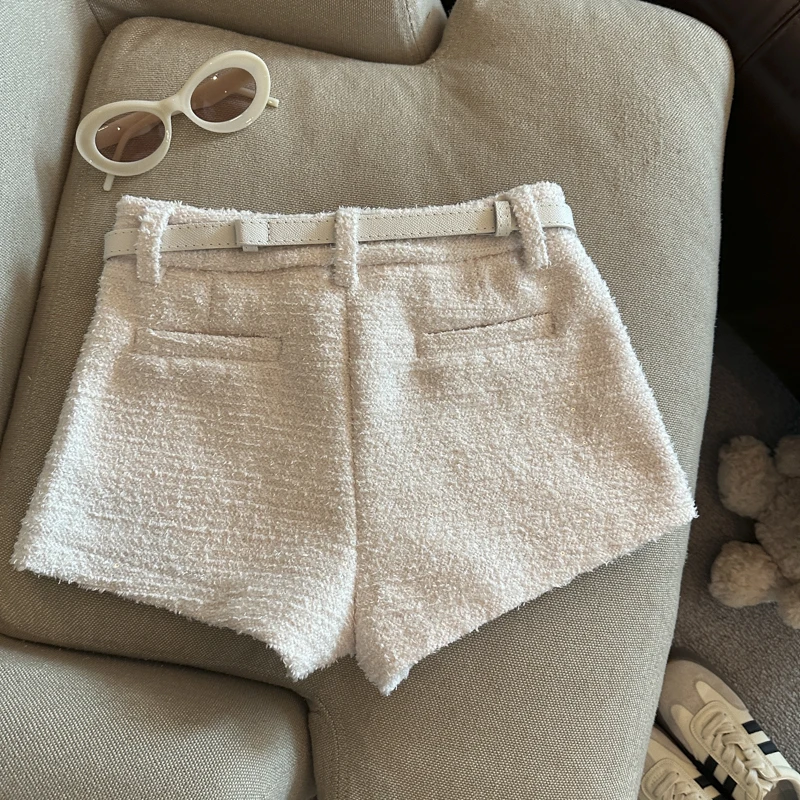 المرأة الخريف الشتاء الصوف والمزيج مطرزة واسعة الساق السراويل سيدة أنيقة بلون عالية الخصر فضفاضة السراويل القصيرة #3