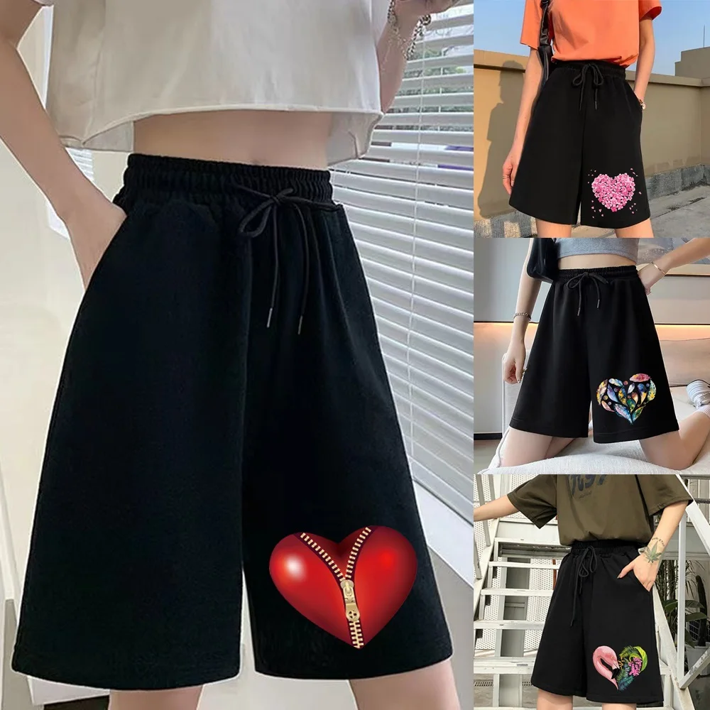 

Fashion Ladies Shorts Love Print Series Elastic Band Women Harajuku Sports Shorts Sweet Casual Streetwear Cropped Pants