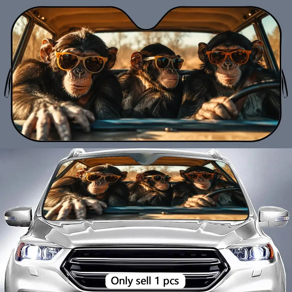 

Funny Cool Monkey Sun Visor Aluminum Foil Windshield Sunshade with Reflective UV Block Heat Insulation Foldable Universal Fit