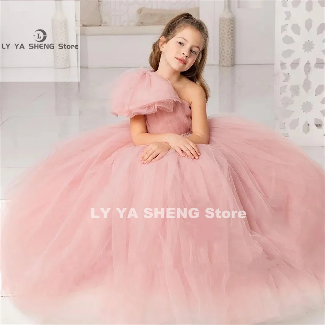 Pink Tulle Fluffy Flower Girl Dress For Wedding One Shoulder Beading With Bow Kids Birthday Party Ball Gown First Communion Wear