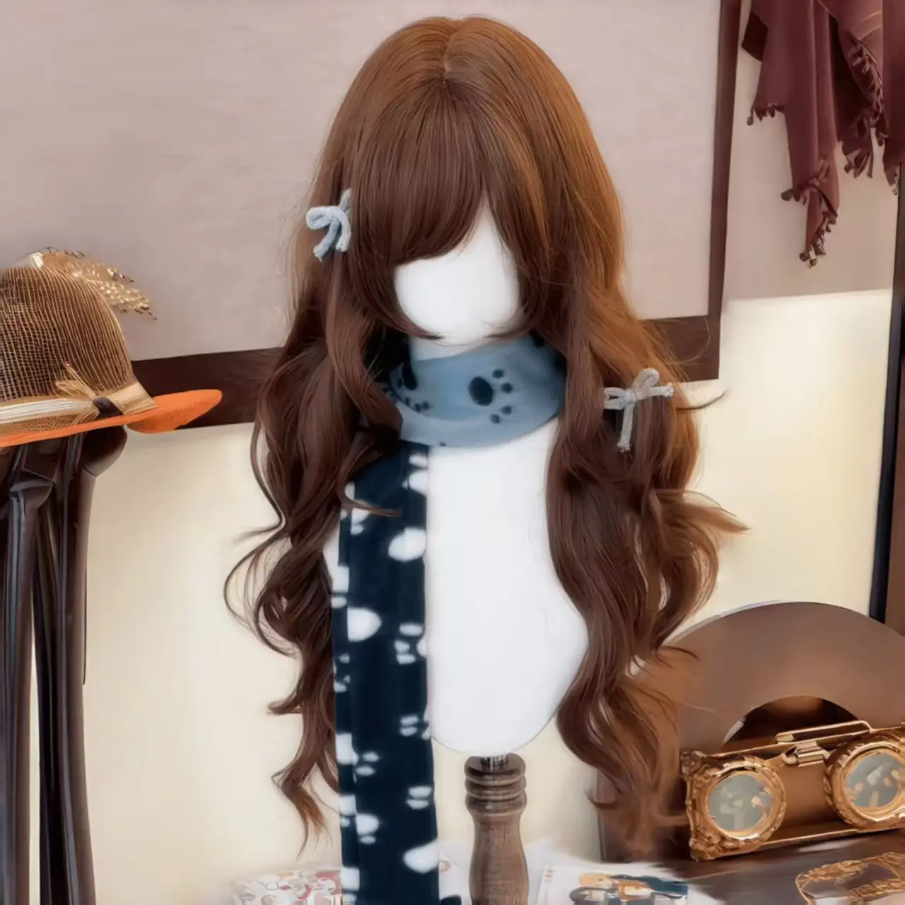 Schokoladenbraune Perücke mit Pony, 61 cm lange, gewellte Haarperücken für Frauen, hochwertige, süße Lolita-Synthetikperücke für den täglichen Gebrauch, Cosplay – Detail 3