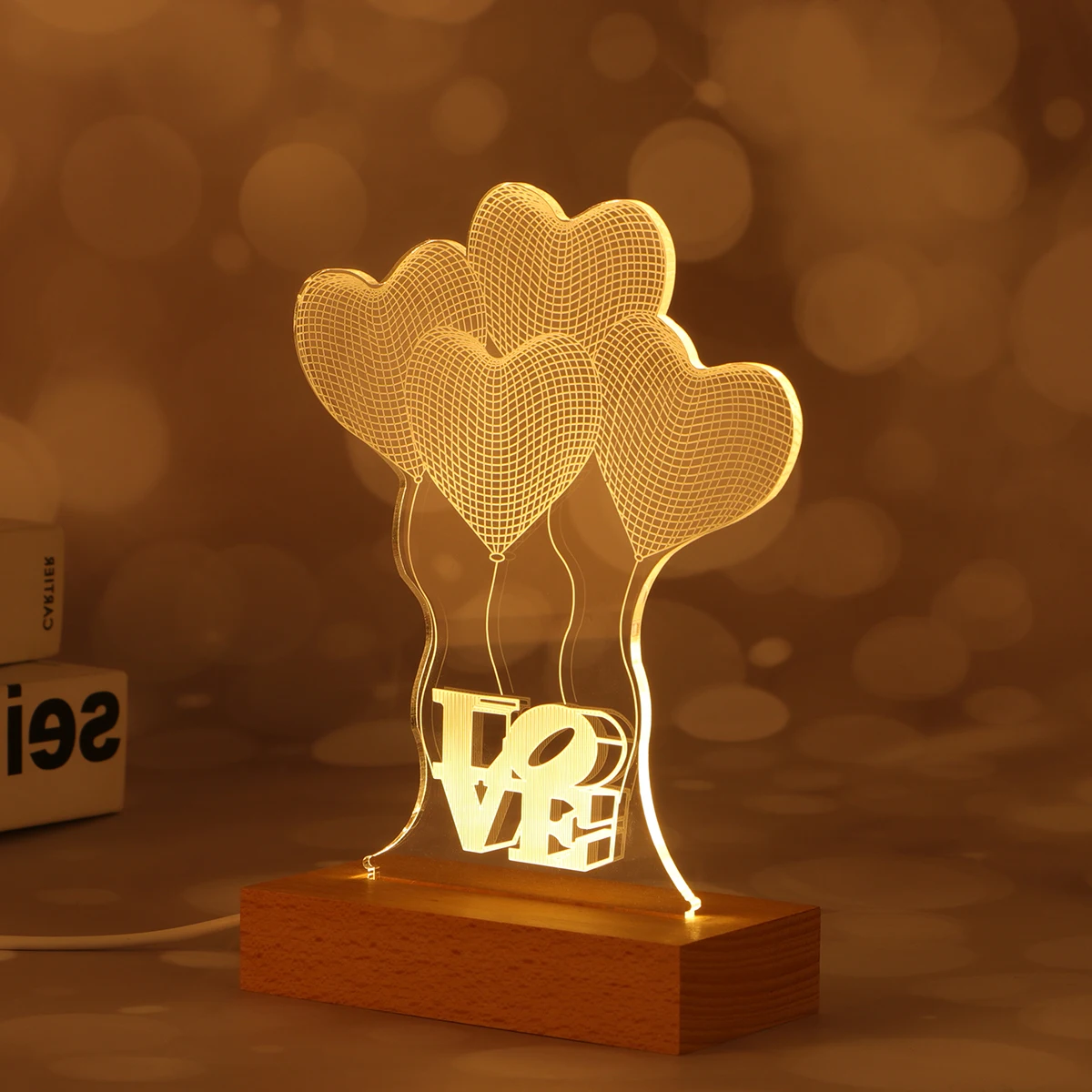 

3D Heart Balloon Night Light Acrylic Plate Holder Wooden Base USB Powered LED Lamp for Home Decor Kids Room Office Use