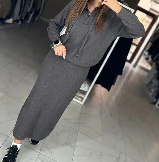 

Autumn 2025 Fashion Casual Hoodie Knitted Sweater and High Waist Straight Tube Wool Skirt Set for Women's Casual 2-Piece Set