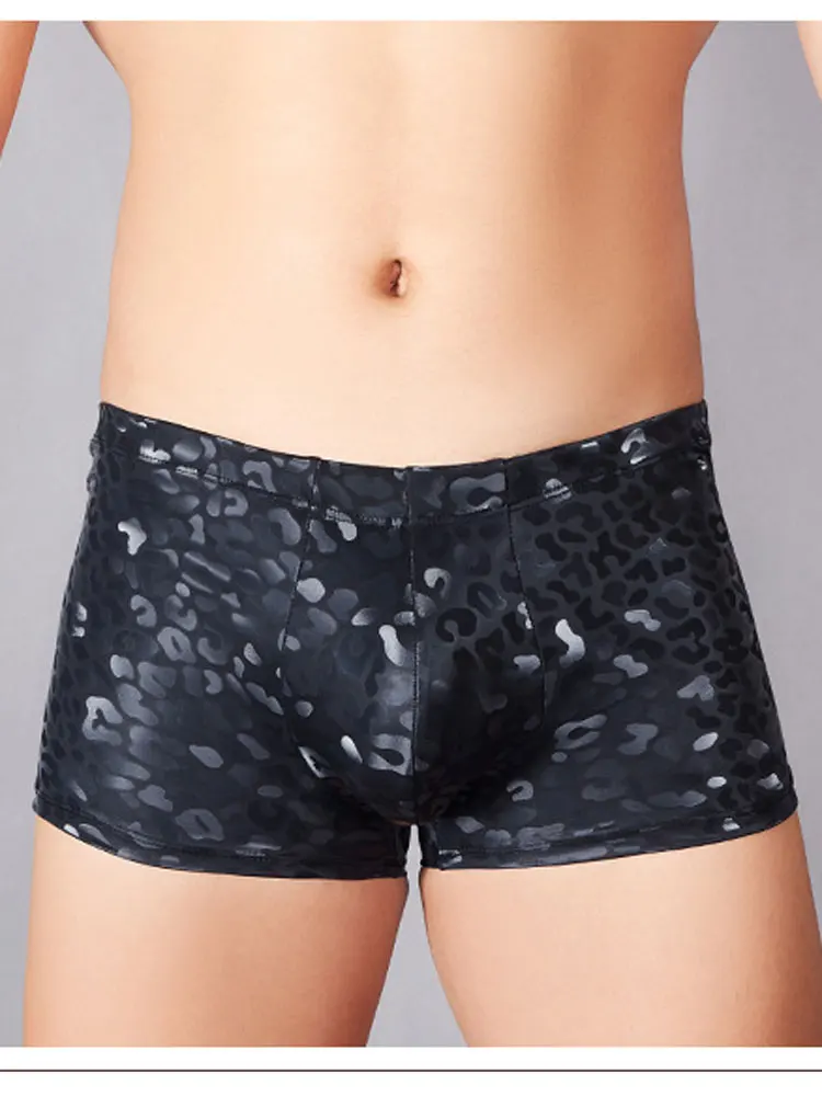 Sexy Boxer Men\'s Panties Fashion PU Faux Leather Lingerie Low Waisted Underwear Man Clothing Leopard Underpants Allure Panties