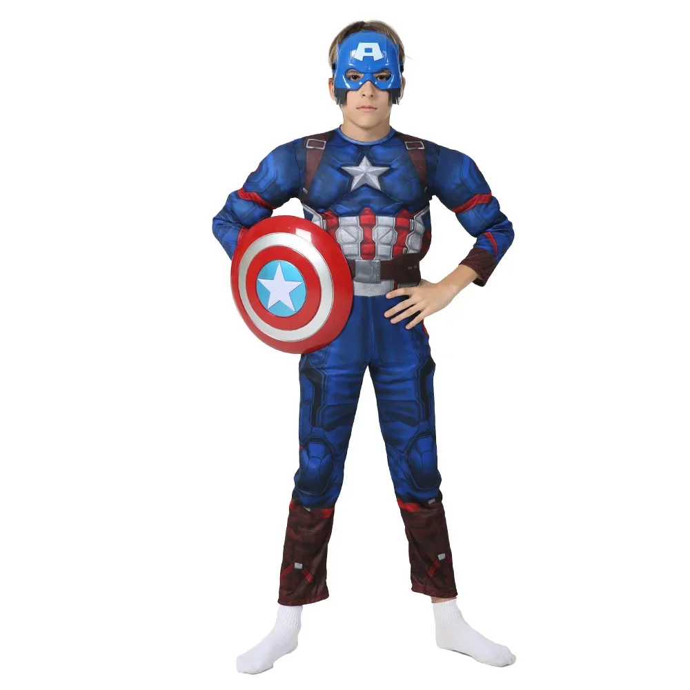 Superhero Captain America Muscle Costume Captain America Muscle Cosplay Jumpsuit Shield Christmas Carnival Party Costume for Kid