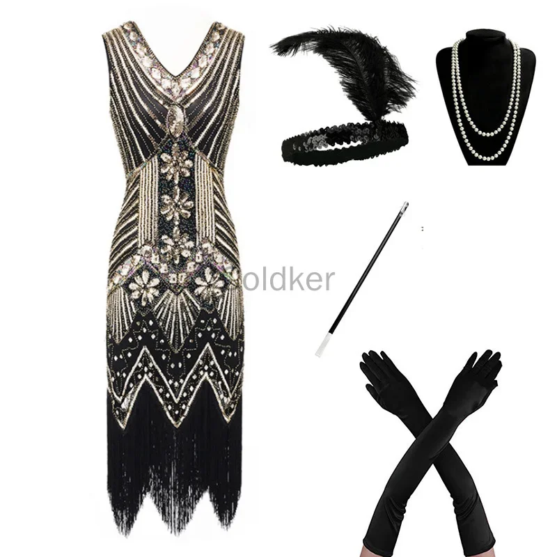 Plus Size Women 1920s Art Deco Great Gatsby Sequin Fringe Flapper Dress Tassels Costume Accessories Set Robe Charleston Vestidos