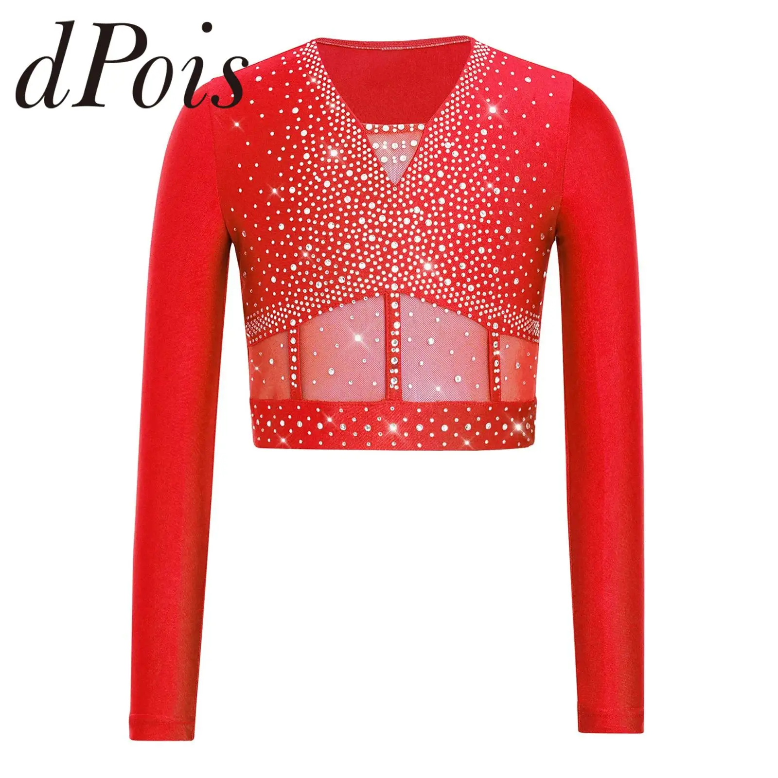 

Kids Girls Hip Hop Jazz Dance Color Block Dance Skating Crop Top Sequins Ballet Tops Mesh Patchwork Stage Performance Wear