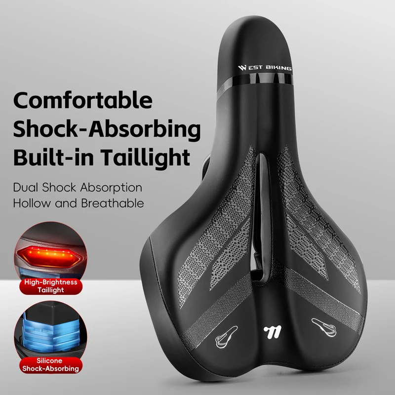 Bike Saddle with LED Taillight 6 Lighting Modes Memory Foam Padding TYPE-C Charging Weatherproof for Night Cycling Safety