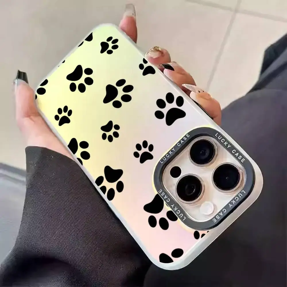 1pc Black Cat Footprints Print Phone Case Laser IMD Color Silver Shell For IPhone 17 16 15 14 13 12 11 Air Pro Max Plus