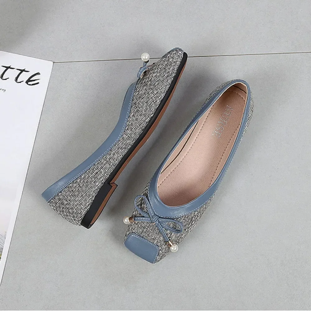 Women Flat Shoes Large Size Women\'s Shoes 43 44 Flat Sole Single Shoes Women 2024 New Blue Bow Shallow Mouth Square Toe Flats