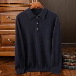 High Quality Men 100% Cashmere Sweater Autumn Winter Long Sleeve Polo Pullover Smart Casual Knitwear Soft Warm Clothing Tops