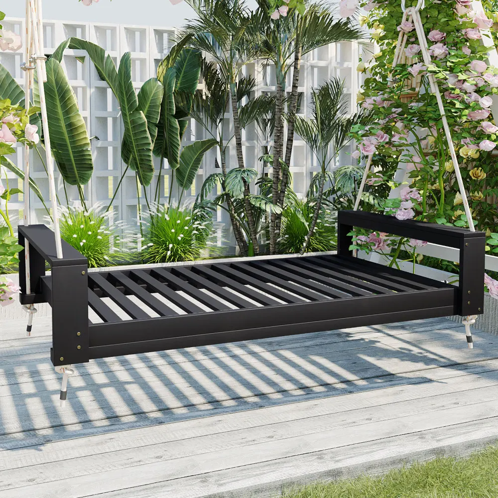 

Twin Size Porch Swing Bed Seating Group, Patio Acacia Wood Swing Frame with Hemp Ropes for Garden, Backyard, Black