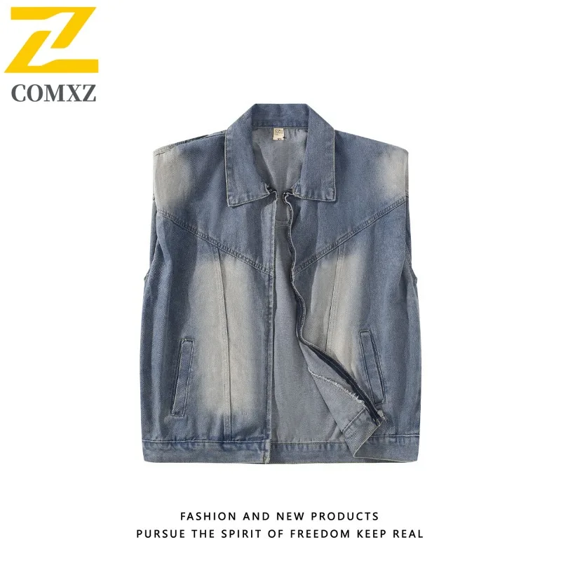 

COMXZ Лидер продаж, американское джинсовое пальто для мужчин, новинка 2023 года, осенний жилет без рукавов, свободная универсальная рабочая одежда, куртка