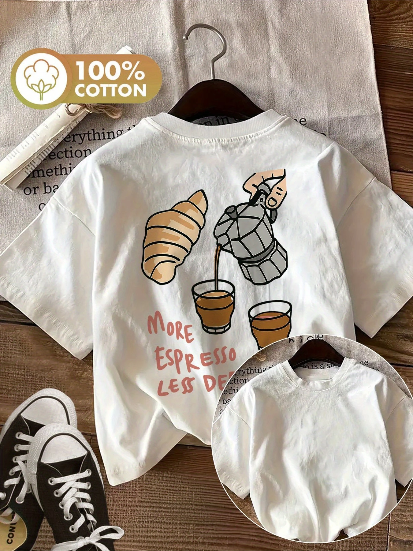 Women's Casual Short Sleeve T-Shirt Vintage Coffee Element Print, 