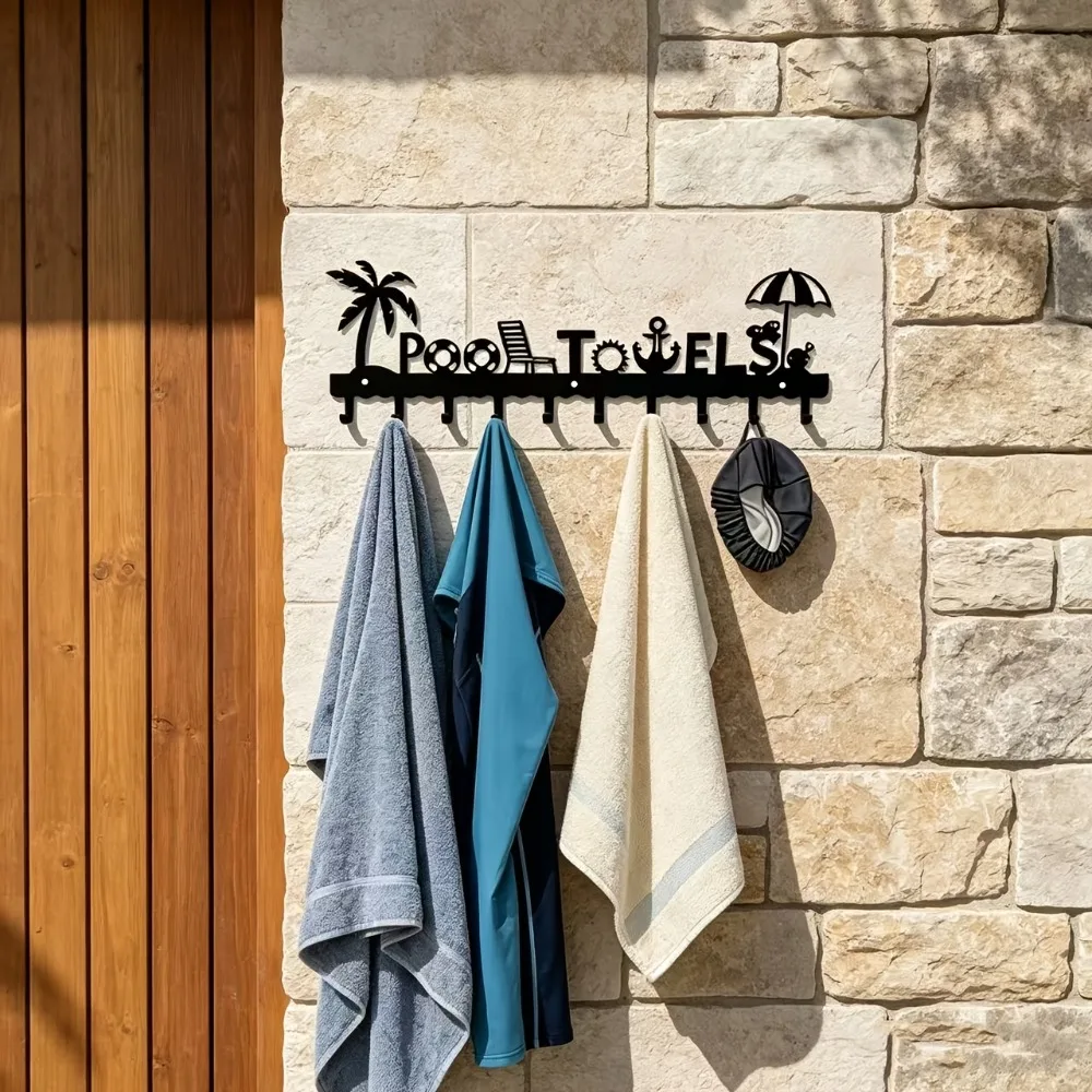Wrought Iron Wall-Mounted Hook Rack for Poolside (Towels, Swimwear, Swim Caps) – 10-Hook Outdoor Patio Organizer – Ideal for Villa Poolside Decor & Seaside Vacation Style view 2