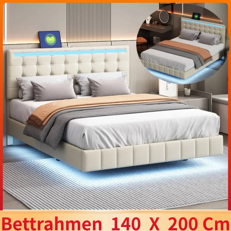 Upholstered bed 140 x 200 cm, upholstered floating bed frame with LED lights and headboard design,double bed guest bed inlinen