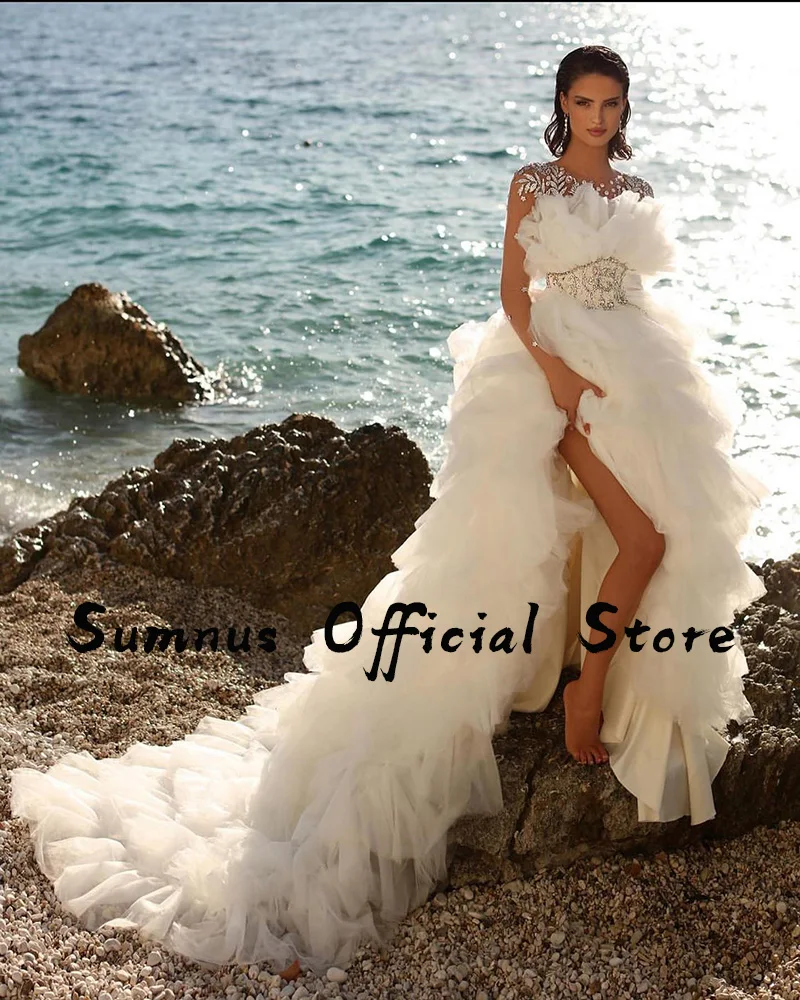 Sumnus luxo praia vestido de casamento 2022 em camadas tule cristal beading perna alta divisão vestido de noiva longo lindo vestidos de noiva