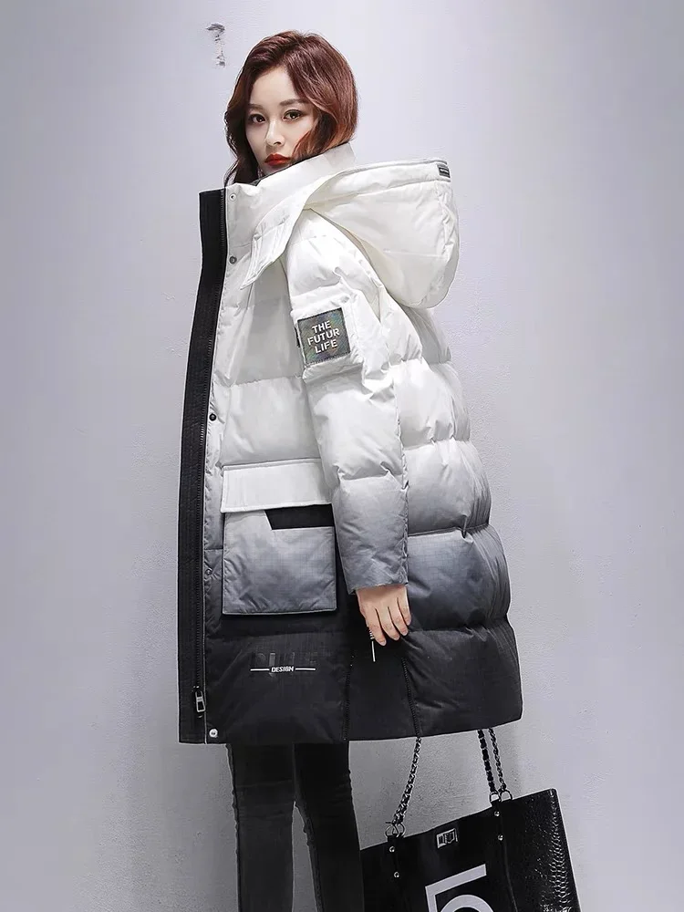 Winter Jackets Woman White Duck Down Thickened Warm Medium-length Down Jacket Gradient Color Design Fashion Hooded Puffer Jacket