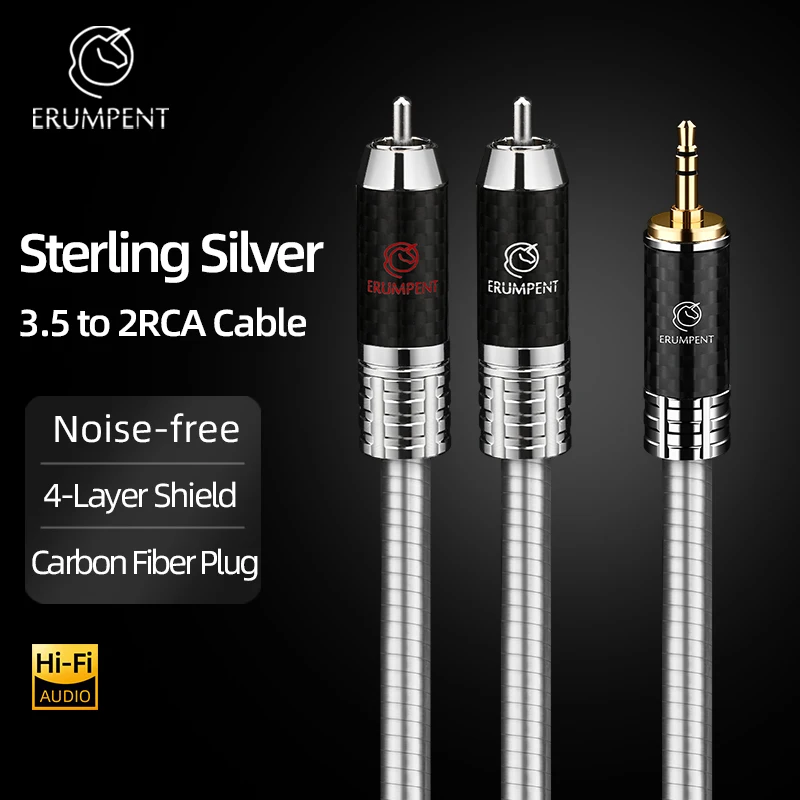 ERUMPENT HiFi Sterling Silver 3.5mm to 2RCA Splitter Audio Cable Stereo 3.5 Jack to 2RCA Male for Phone Computer Amplifiers