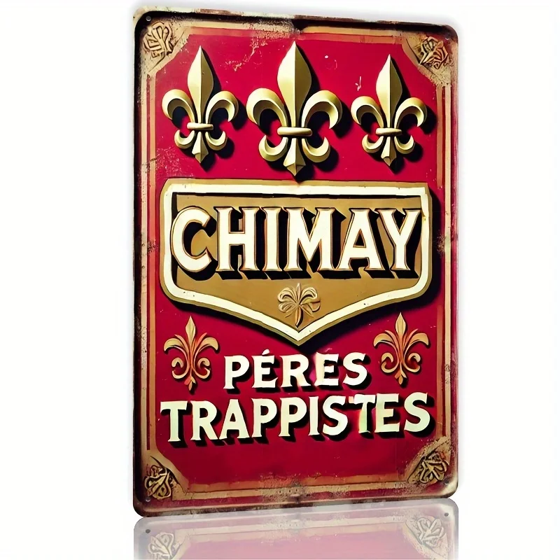 Chimay Vintage Metal Wall Art Sign - Retro Tin Decor with Golden Fleur-de-Lis & Red Accents, Durable Iron Material, Easy to Han