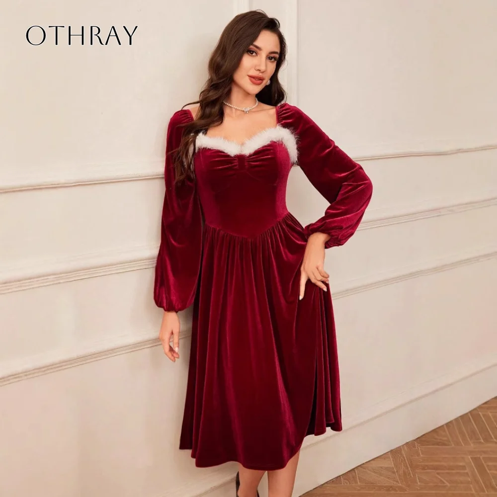 

Velvet Feather Sweetheart Short Cocktail Dresses Long Sleeve Tea Length Pleated Customized Party Dresses vestidos de gala