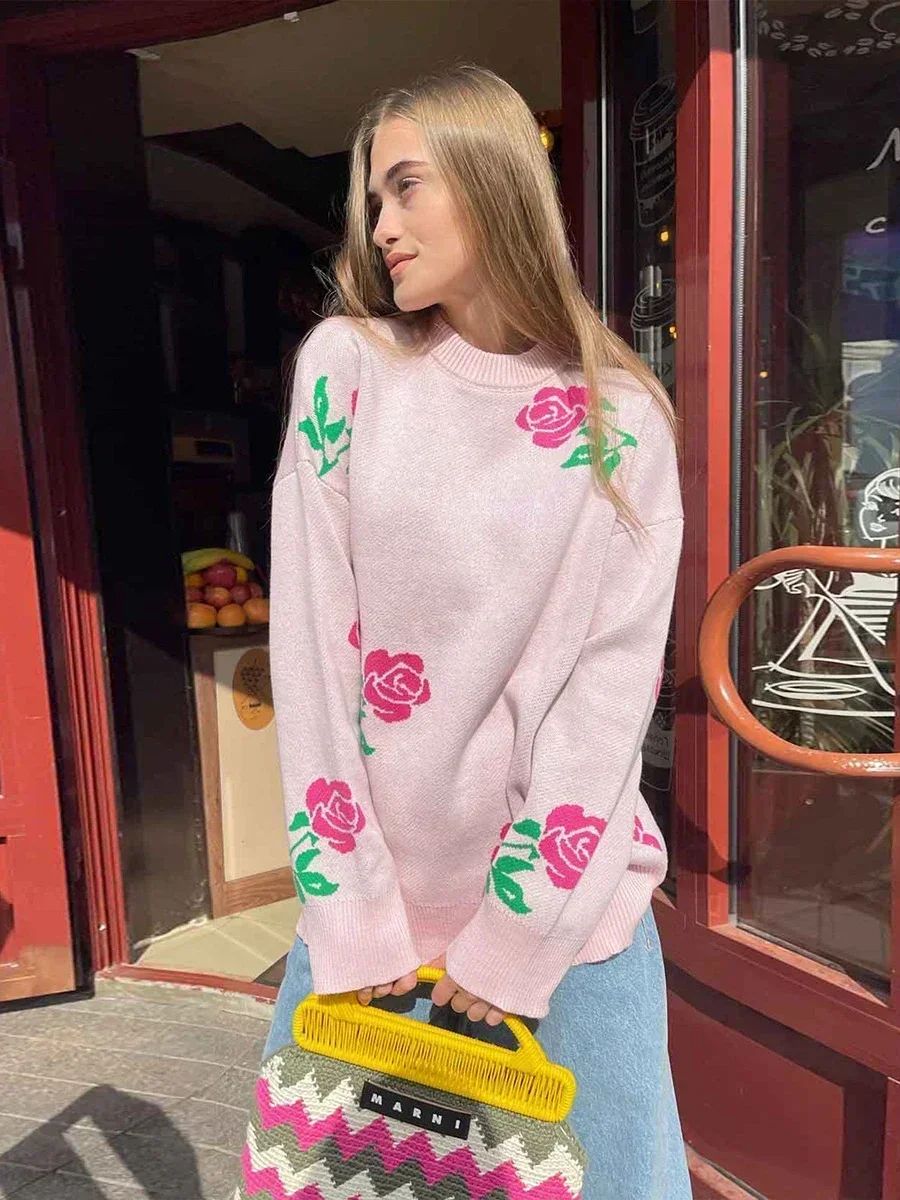 Bornladies Flower Print Fashion Sweater Women's  Casual Loose Female Knitted Top Winter Thick Warm Oversized Knitted Pullover