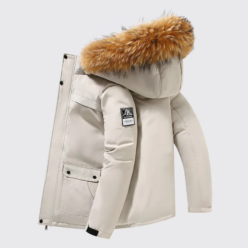 

New ort Men's down Jaet Korean Sle Workwear Hooded Large Fur Collar Thiened Winter Clothes Polyester Fiber Youth Whit...