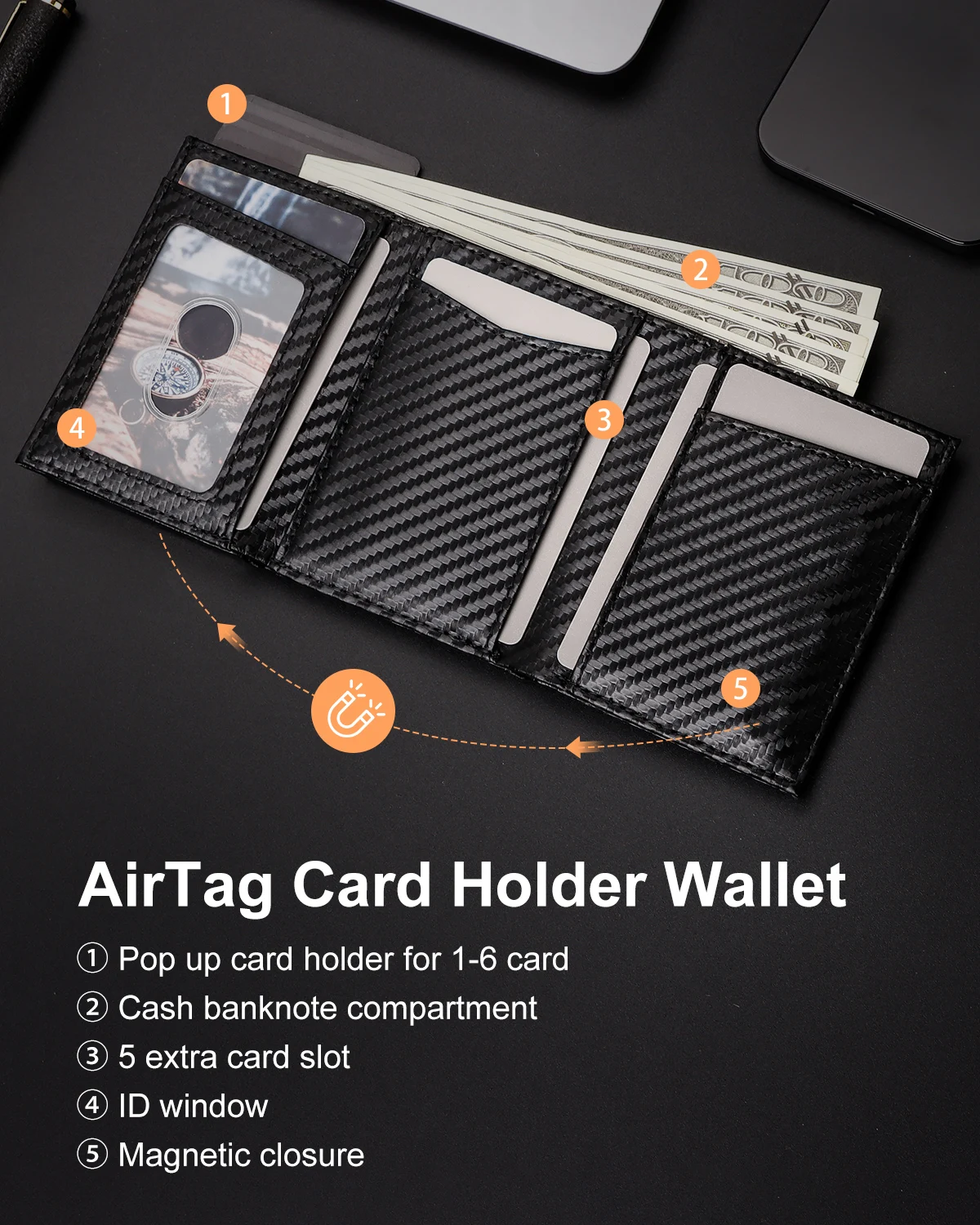 Carbon Fiber Credit Card Holder For AirTag RFID Blocking Trifold Wallet Smart Wallet Men's Wallet with Banknote Compartment